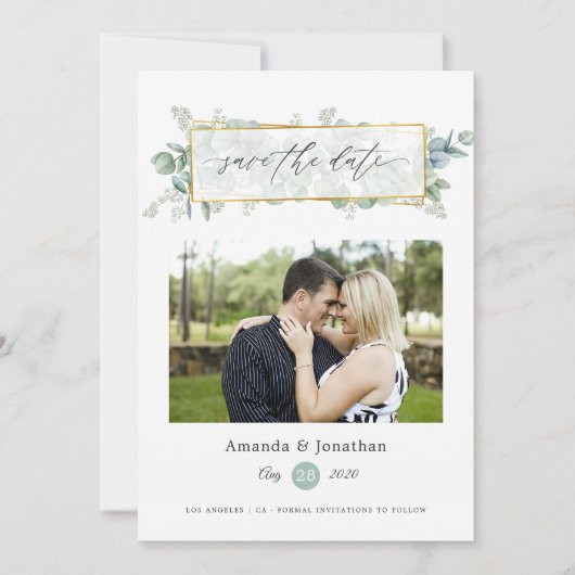 Save The Date Aquarelle Eucalyptus Géométrique Mariage (Devant)