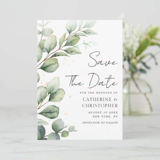 Save The Date Aquarelle Eucalyptus Mariage de script vert (Debout devant)