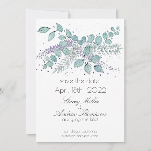Save The Date Aquarelle Eucalyptus Mariage de verdure (Devant)