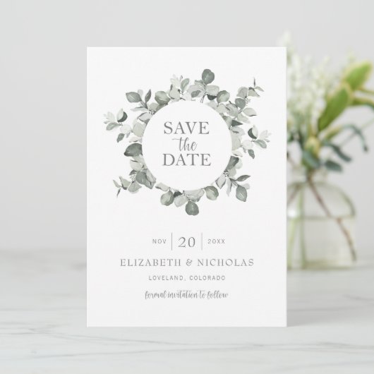 Save The Date Aquarelle Eucalyptus Mariage Photo Enregistrer la (Debout devant)
