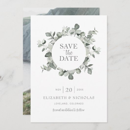 Save The Date Aquarelle Eucalyptus Mariage Photo Enregistrer la (Devant / Derrière)