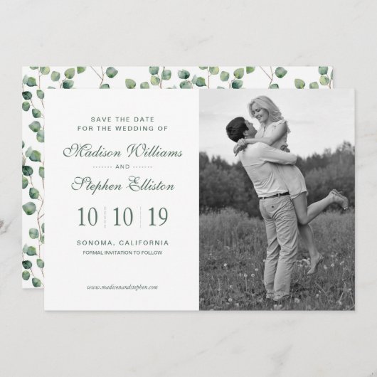 Save The Date Aquarelle Eucalyptus Motif feuille - Enregistrer l (Devant / Derrière)