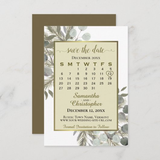 Save The Date Aquarelle Eucalyptus Pine Calendrier Gold Mariage (Devant / Derrière)
