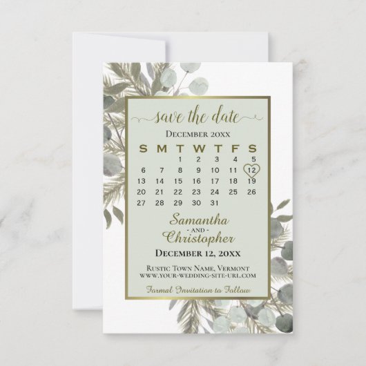 Save The Date Aquarelle Eucalyptus Pine Calendrier Sage Mariage (Devant)