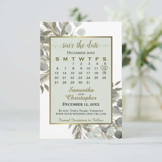 Save The Date Aquarelle Eucalyptus Pine Calendrier Sage Mariage (Debout devant)