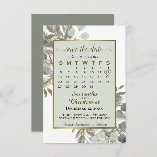 Save The Date Aquarelle Eucalyptus Pine Calendrier Sage Mariage (Devant / Derrière)