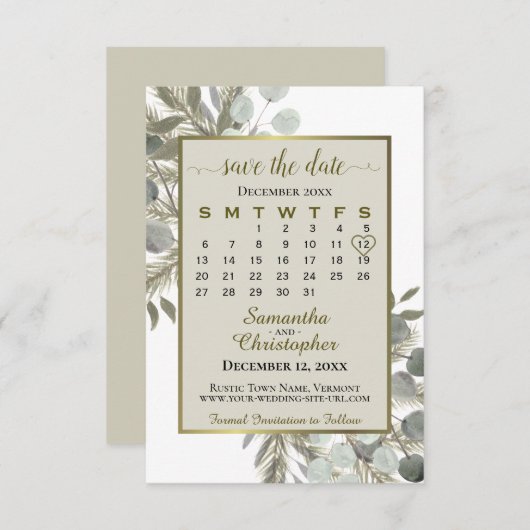 Save The Date Aquarelle Eucalyptus Pine Calendrier Taupe Mariage (Devant / Derrière)