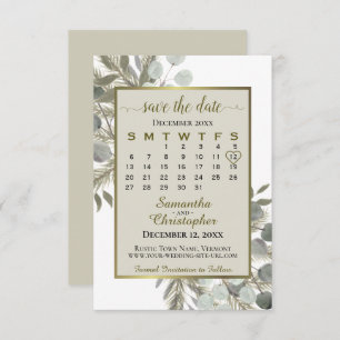 Save The Date Aquarelle Eucalyptus Pine Calendrier Taupe Mariage