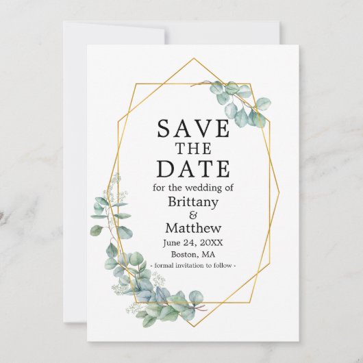 Save The Date Aquarelle Eucalyptus Verdure Gold Geo Frame (Devant)