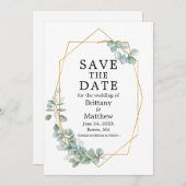 Save The Date Aquarelle Eucalyptus Verdure Gold Geo Frame (Devant / Derrière)