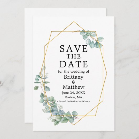 Save The Date Aquarelle Eucalyptus Verdure Gold Geo Frame (Devant / Derrière)