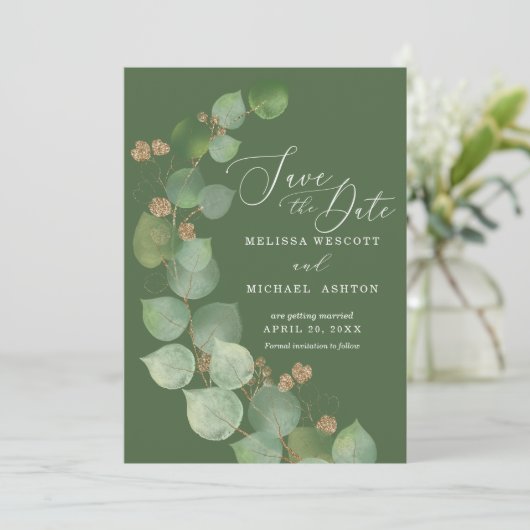 Save The Date Aquarelle Eucalyptus Verdure Or Accent Moderne (Debout devant)
