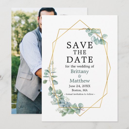 Save The Date Aquarelle Eucalyptus Vert Geo Cadre photo Save (Devant / Derrière)