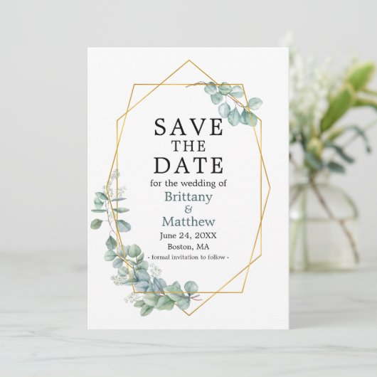 Save The Date Aquarelle Eucalyptus Vert Geo Cadre vert (Debout devant)