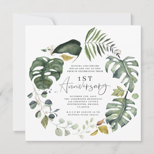 Save The Date Aquarelle feuillage 1er anniversaire mariage invit (Devant)