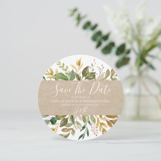 Save The Date Aquarelle Feuille verte Mariage d'été automne (Debout devant)