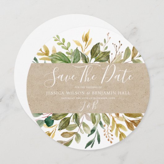 Save The Date Aquarelle Feuille verte Mariage d'été automne (Devant / Derrière)