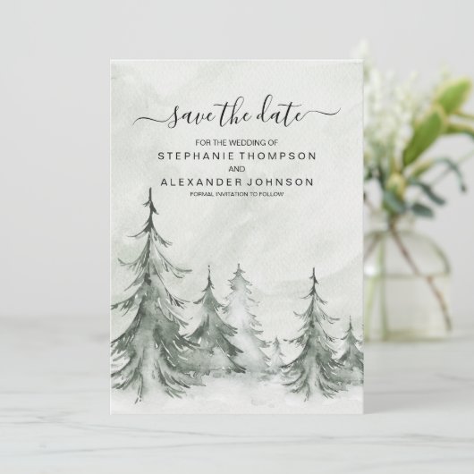 Save The Date Aquarelle Fir Trees Mariage d'hiver (Debout devant)