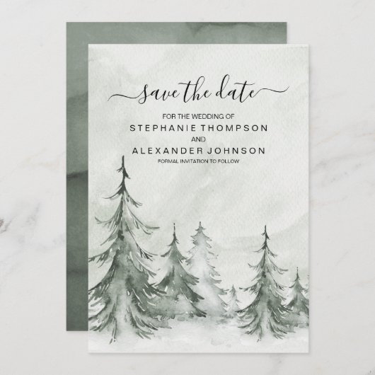 Save The Date Aquarelle Fir Trees Mariage d'hiver (Devant / Derrière)