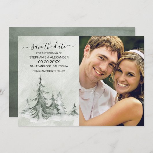 Save The Date Aquarelle Fir Trees Mariage d'hiver (Devant / Derrière)