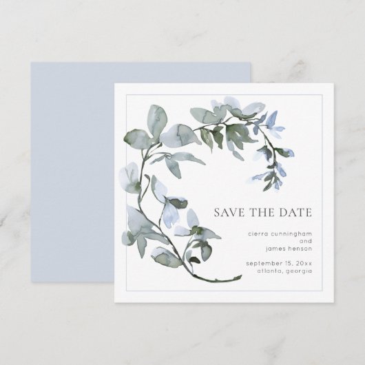 Save The Date Aquarelle Fleur Bleu Clair Vert Sauge (Devant / Derrière)