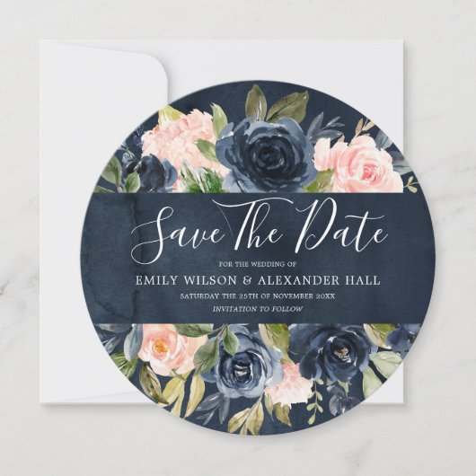Save The Date Aquarelle Fleur Blush Navy Profond (Devant)