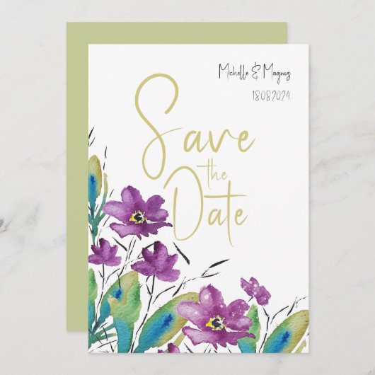 Save The Date Aquarelle Fleur sauvage violet artistique (Devant / Derrière)