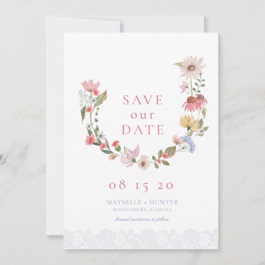 Save The Date Aquarelle Fleur sauvage Wreath & Lace Enregistrer  (Devant)