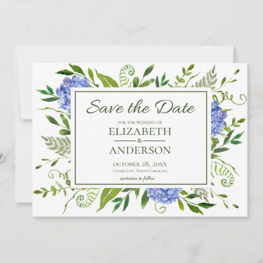 Save The Date Aquarelle Fleurie Hydrangeas Bleus (Devant)