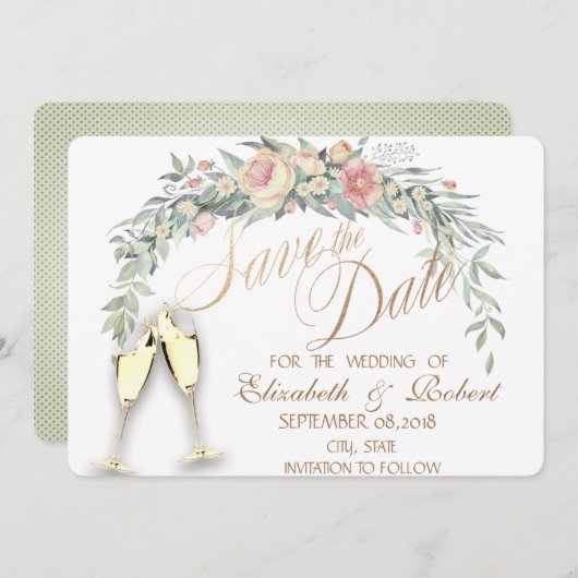 Save The Date Aquarelle Fleurs, Dotée, Verres Enregistrer La Dat (Devant / Derrière)