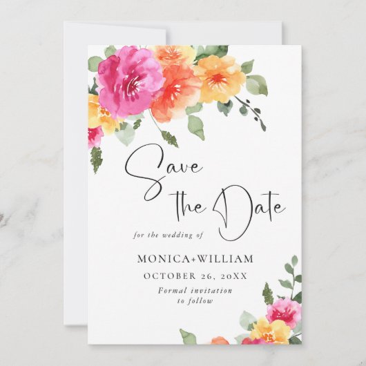 Save The Date Aquarelle Fleurs rose vif Photo Mariage (Devant)