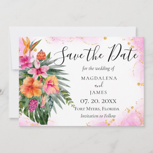Save The Date Aquarelle Fleurs tropicales Parties scintillant or (Devant)