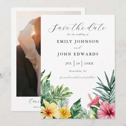 Save The Date Aquarelle Fleurs tropicales Verdure Mariage photo (Devant / Derrière)