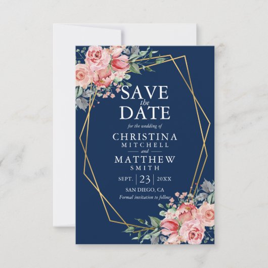 Save The Date Aquarelle Floral Blush Mariage bleu marine rose (Devant)