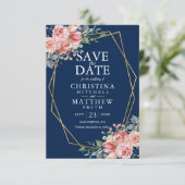 Save The Date Aquarelle Floral Blush Mariage bleu marine rose (Debout devant)
