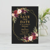 Save The Date Aquarelle Floral Bourgogne Black Gold Frame Photo (Debout devant)