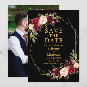 Save The Date Aquarelle Floral Bourgogne Black Gold Frame Photo