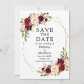 Save The Date Aquarelle Floral Bourgogne Gold Geo Frame (Devant)