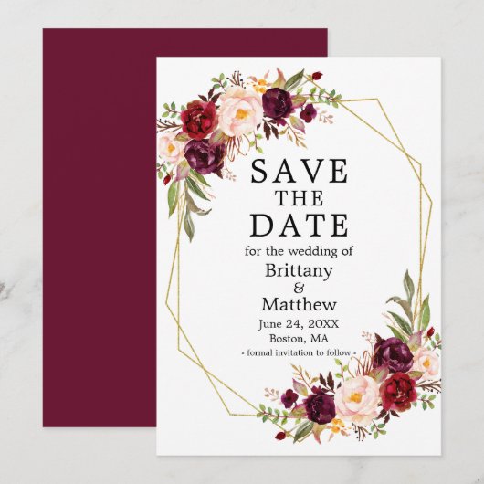 Save The Date Aquarelle Floral Bourgogne Gold Geo Frame (Devant / Derrière)