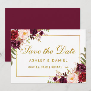 Save The Date Aquarelle Floral Bourgogne Or Enregistrer La Date