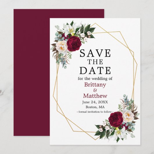 Save The Date Aquarelle Floral Geo Frame Bourgogne (Devant / Derrière)