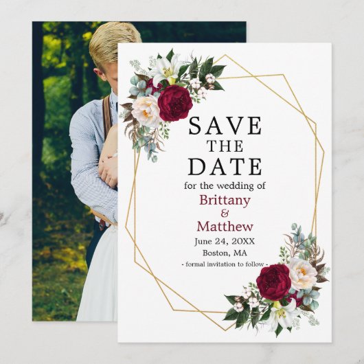 Save The Date Aquarelle Floral Geo Frame Photo Bourgogne (Devant / Derrière)