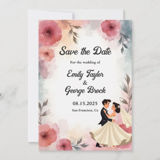 Save The Date Aquarelle Floral Mariage Et Groom Élégant Mariage (Devant)