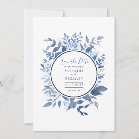 Save The Date Aquarelle Floral Marine Bleu Script Enregistrer la (Devant)