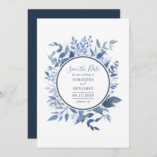 Save The Date Aquarelle Floral Marine Bleu Script Enregistrer la (Devant / Derrière)
