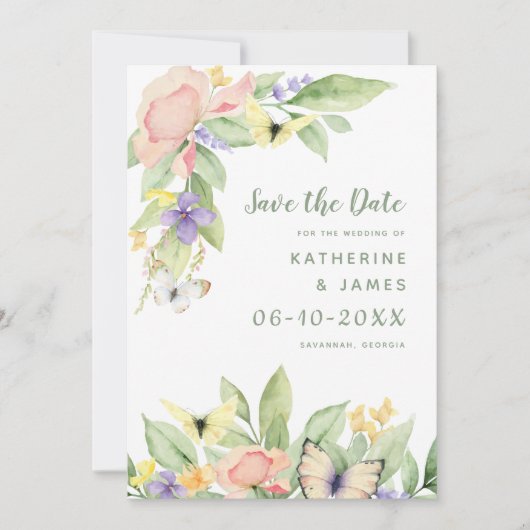 Save The Date Aquarelle Floral Papillon Élégant Mariage Vert (Devant)