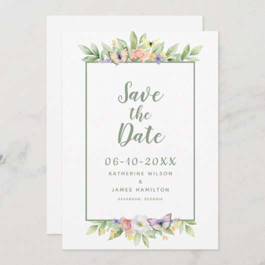 Save The Date Aquarelle Floral Papillon Élégant Mariage Vert (Devant / Derrière)