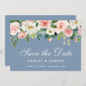 Save The Date Aquarelle Floral Rose Blanc Dusty Bleu (Devant / Derrière)