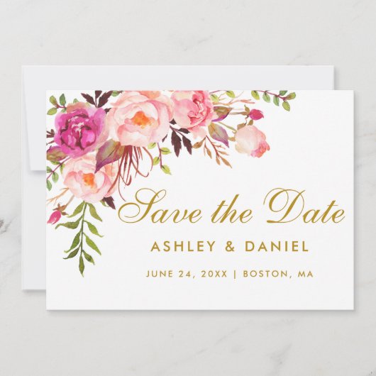 Save The Date Aquarelle Floral Rose Or Enregistrer La Date (Devant)