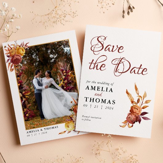 Save The Date Aquarelle Floral Rustique Automne Chaud Mariage d'